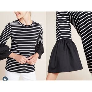 Anthropologie Adele Black/White Striped Bell Sleeve Tee M